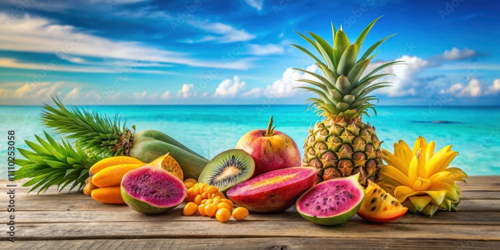 A vibrant assortment of tropical fruits on a wooden table with a blurred background of a turquoise ocean and a bright blue sky with white clouds A vibrant assortment of tropical fruits on a wooden table with a blurred background of a turquoise ocean and a bright blue sky with white clouds