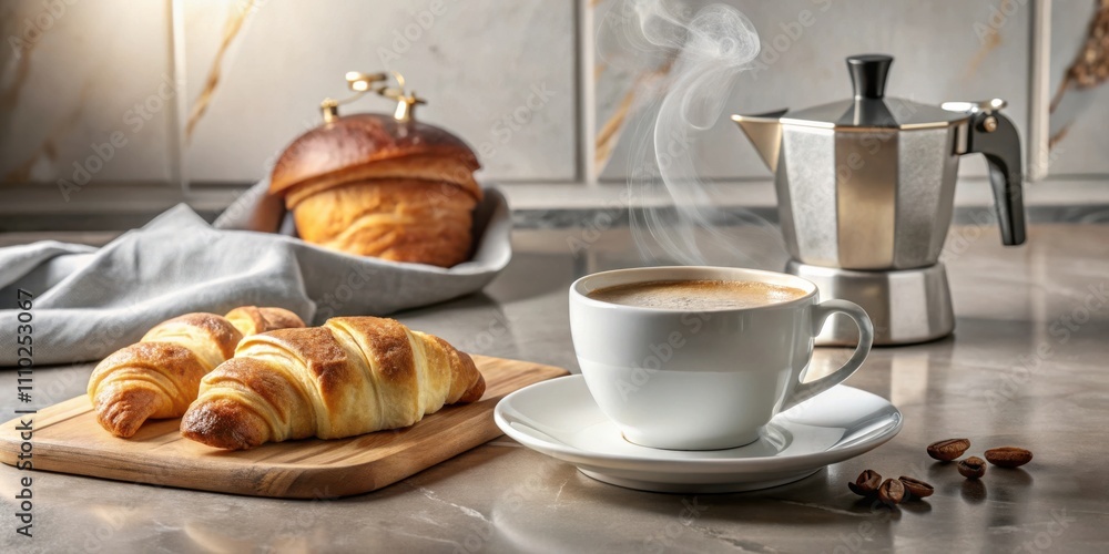 A steaming cup of coffee sits on a white saucer, accompanied by two croissants on a wooden board, and a coffee pot in the background. A steaming cup of coffee sits on a white saucer, accompanied by two croissants on a wooden board, and a coffee pot in the background.