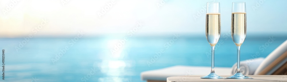 Two elegant champagne flutes sit on a table by the serene ocean, reflecting a tranquil atmosphere perfect for relaxation and celebration. Two elegant champagne flutes sit on a table by the serene ocean, reflecting a tranquil atmosphere perfect for relaxation and celebration.