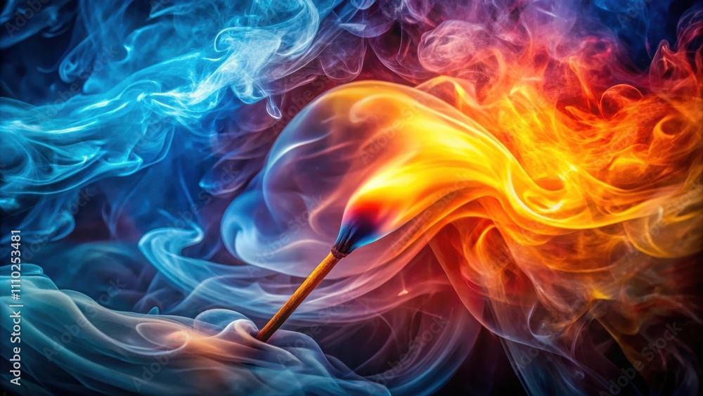A single matchstick engulfed in a fiery blaze, its embers glowing with intense heat, casting a mesmerizing dance of vibrant blue and orange smoke across the dark background. A single matchstick engulfed in a fiery blaze, its embers glowing with intense heat, casting a mesmerizing dance of vibrant blue and orange smoke across the dark background.