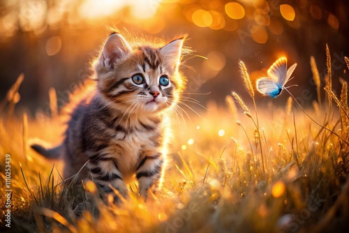 Charming Small Kitten Playfully Chasing a Butterfly Amidst Sunlit Dry Grass in a Serene Natural Setting, Capturing the Joy of Innocence and Nature’s Beauty
