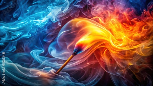 A single matchstick engulfed in a fiery blaze, its embers glowing with intense heat, casting a mesmerizing dance of vibrant blue and orange smoke across the dark background.