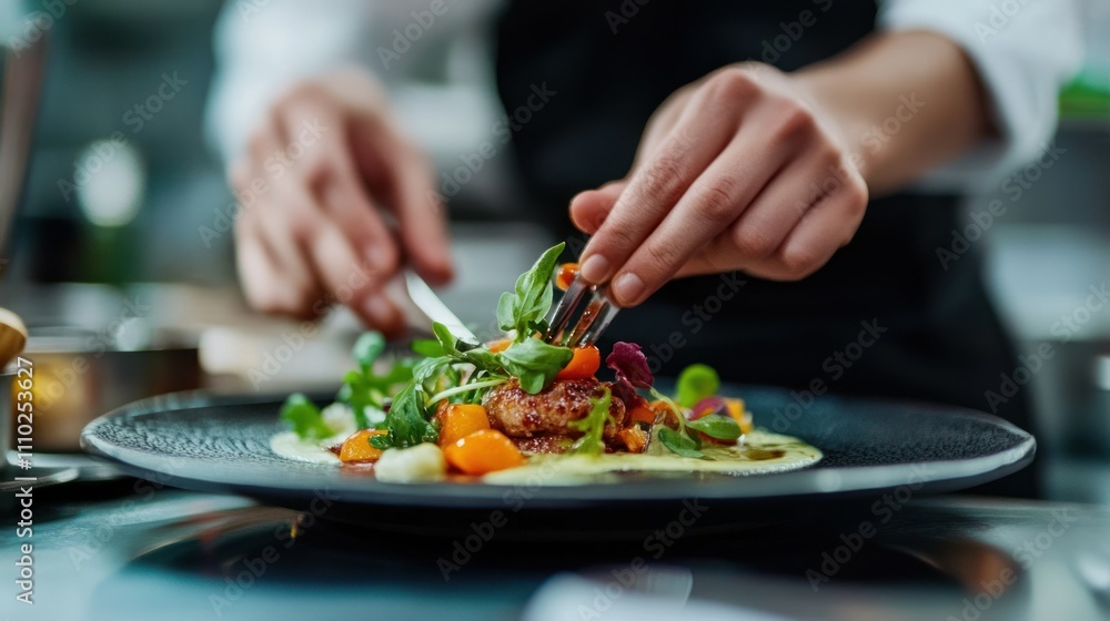 Close-up of Chef Finishing a Gourmet Dish with a Fork Close-up of Chef Finishing a Gourmet Dish with a Fork