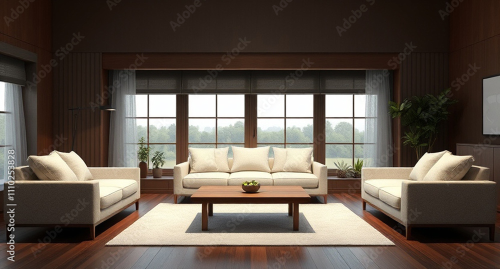 Fototapeta premium interior with sofa and wooden coffee table - 3d rendered illustration