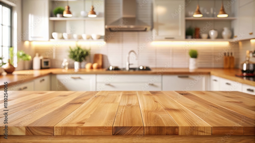 Close-up of a Wooden Countertop in a Modern Kitchen with Soft Lighting and a Blurred Background Close-up of a Wooden Countertop in a Modern Kitchen with Soft Lighting and a Blurred Background