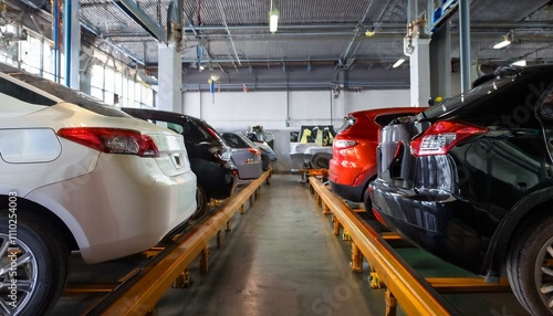 Assembly Line: A row of cars awaiting their turn on an industrial assembly line, showcasing the streamlined efficiency and precision of modern automotive manufacturing.   photo