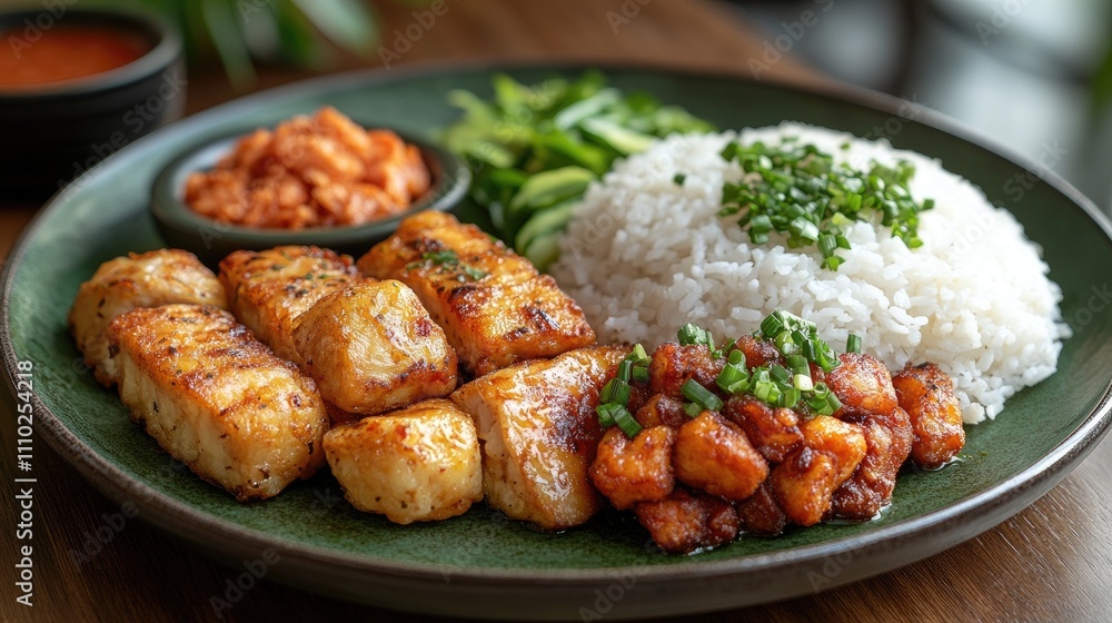Colorful gourmet plate featuring grilled fish, rice, and vegetables, showcasing a delicious and appetizing meal for food photography themes Colorful gourmet plate featuring grilled fish, rice, and vegetables, showcasing a delicious and appetizing meal for food photography themes