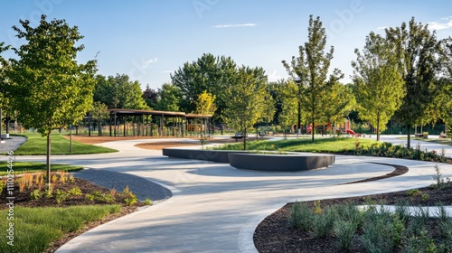 An evocative portrayal of accessibility in public spaces with a well-designed park featuring sensory-friendly areas and accessible pathways, symbolizing inclusive recreational environments