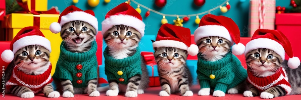 Kittens dressed in green sweaters and red Santa hats, surrounded by colorful holiday gifts, ornaments, and festive background Kittens dressed in green sweaters and red Santa hats, surrounded by colorful holiday gifts, ornaments, and festive background