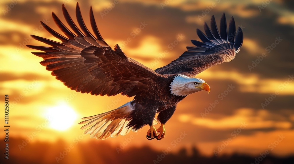 Fototapeta premium Photograph bald eagle flight center image its wings The soars