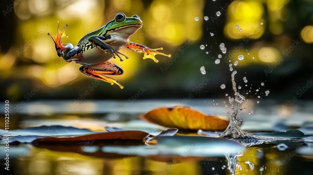 Photograph frog jumping over lily pad pond mid-air A leaping Photograph frog jumping over lily pad pond mid-air A leaping