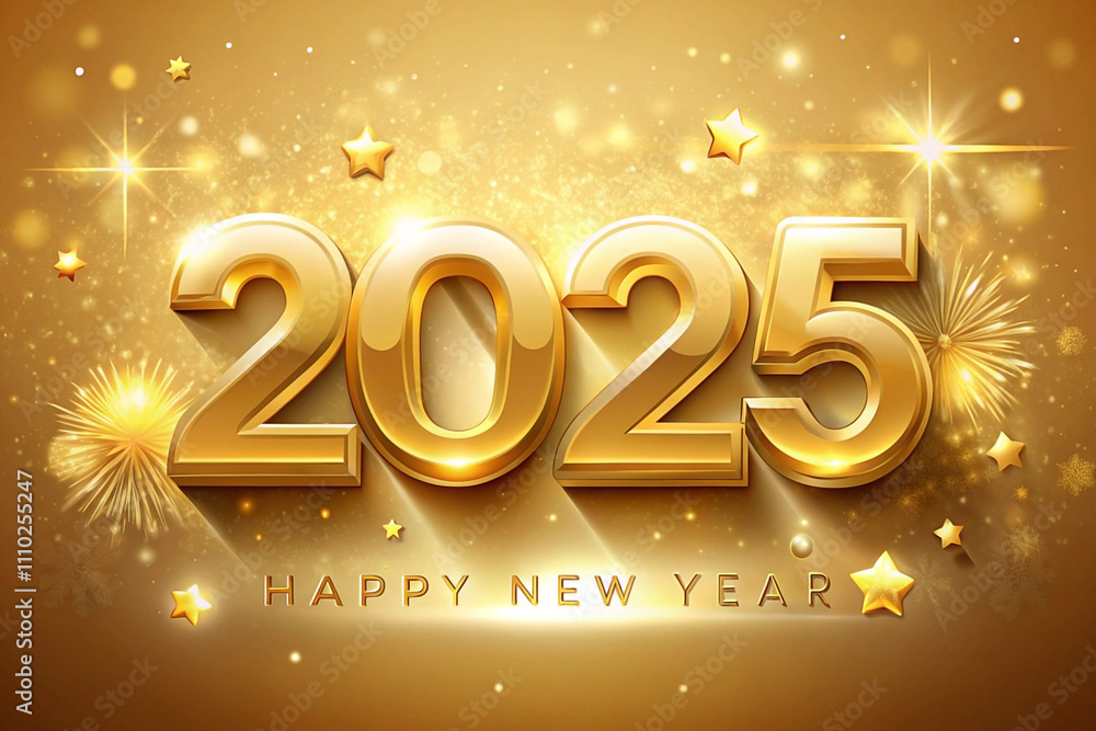 Golden 2025 Happy New Year greeting with sparkling background and fireworks. Golden 2025 Happy New Year greeting with sparkling background and fireworks.