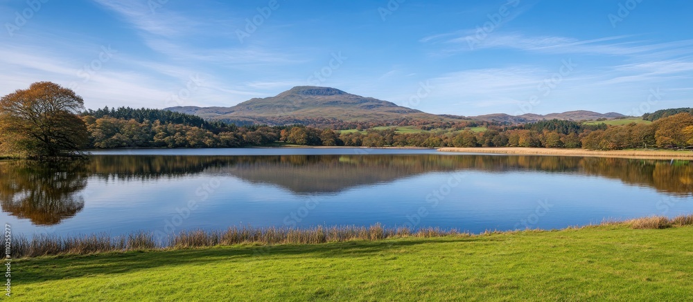 Serene autumn landscape with vibrant foliage reflecting in a tranquil mountain lake under a clear blue sky. Serene autumn landscape with vibrant foliage reflecting in a tranquil mountain lake under a clear blue sky.