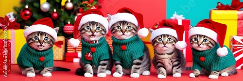 Kittens dressed in green sweaters and red Santa hats, surrounded by colorful holiday gifts, ornaments, and festive background