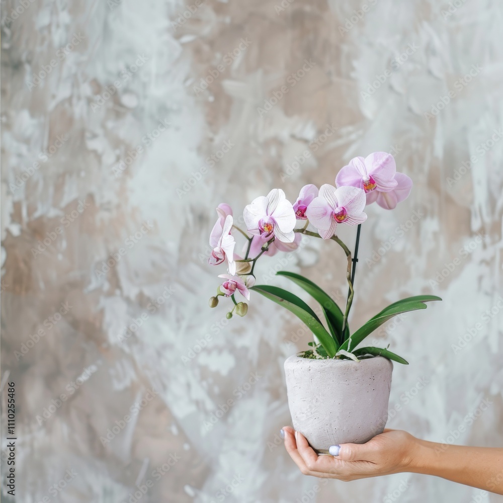 Obraz premium Blooming orchid banner. Woman hand holding flowerpot with beautiful orchid closeup, wall background