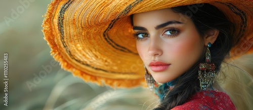 Portrait of a woman wearing a vibrant traditional hat with intricate details in a natural outdoor setting showcasing cultural elegance and beauty photo