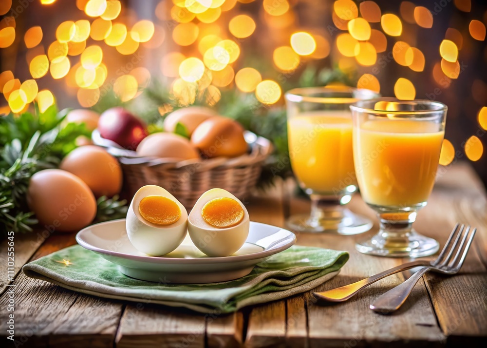 Close-up Breakfast Table with Hard-Boiled Eggs, Orange Juice, and Fork in Bokeh Effect for a Cozy Morning Vibe, Perfect for Food Blogs and Culinary Inspirations Close-up Breakfast Table with Hard-Boiled Eggs, Orange Juice, and Fork in Bokeh Effect for a Cozy Morning Vibe, Perfect for Food Blogs and Culinary Inspirations