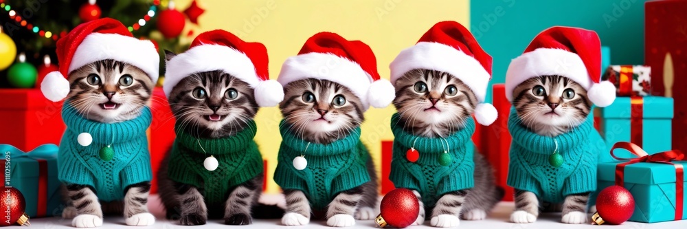 Kittens dressed in green sweaters and red Santa hats, surrounded by colorful holiday gifts, ornaments, and festive background Kittens dressed in green sweaters and red Santa hats, surrounded by colorful holiday gifts, ornaments, and festive background
