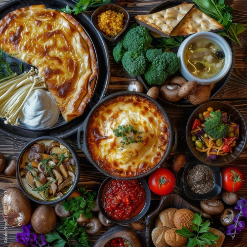 Ossetian Pie with Cheese, Steamed Vegetables, Champignons Baked with Gouda and Snacks, Vegetables photo