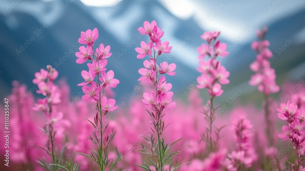 Blooming fireweed in vibrant pink hues with a stunning mountain backdrop showcasing natural beauty in a serene landscape. Blooming fireweed in vibrant pink hues with a stunning mountain backdrop showcasing natural beauty in a serene landscape.