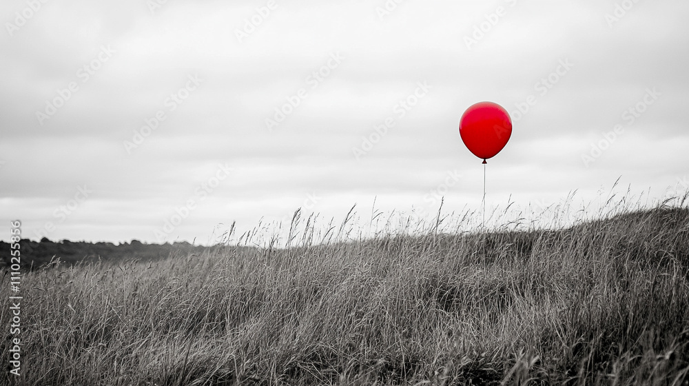 Fototapeta premium single-colored balloon stands out among muted tones, symbolizing individuality, uniqueness, and optimism. This striking visual conveys themes of self-expression and breaking norms