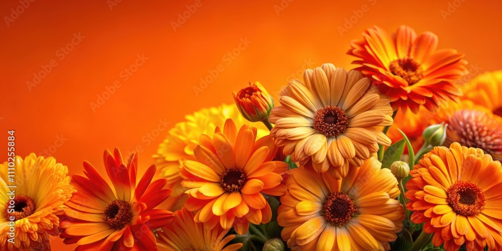 A vibrant bouquet of orange and yellow daisies with delicate petals against a warm orange background A vibrant bouquet of orange and yellow daisies with delicate petals against a warm orange background