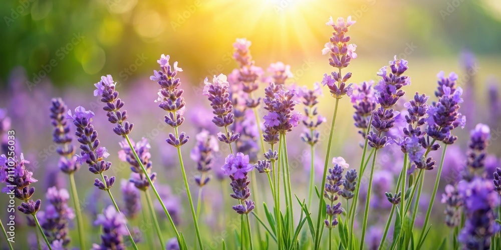 Obraz premium Lavender Field bathed in Golden Sunlight, a symphony of purple blooms against a blurred backdrop of greenery and warm hues.