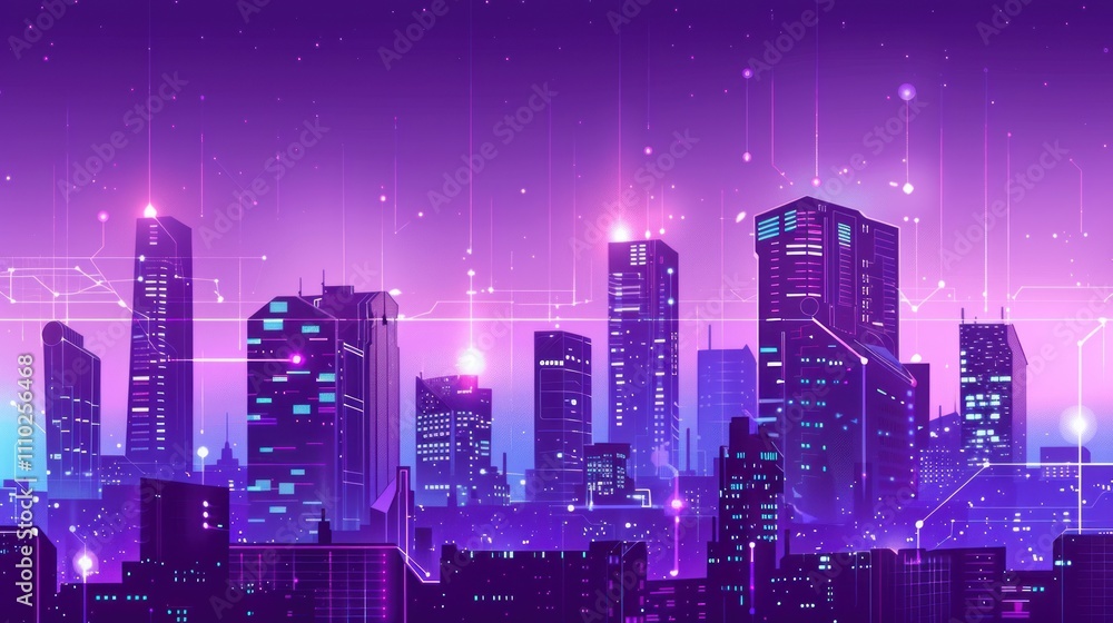 Neon Cityscape - Futuristic Urban Skyline with Glowing Lights and Digital Network Neon Cityscape - Futuristic Urban Skyline with Glowing Lights and Digital Network