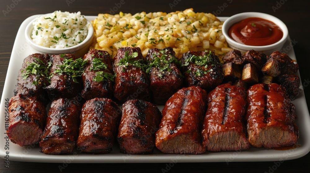 Grilled barbecue platter on white plate featuring ribs rice and corn topped with herbs and sauce Grilled barbecue platter on white plate featuring ribs rice and corn topped with herbs and sauce