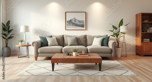 Wallpaper Mural interior with sofa and wooden coffee table - 3d rendered illustration Torontodigital.ca