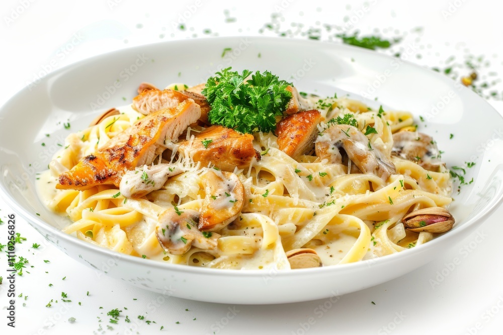 Italian Pasta with Chicken Fillet, Cream, Parmesan Espuma, Cheese, Pistachios, Olive Salt and Parsley Italian Pasta with Chicken Fillet, Cream, Parmesan Espuma, Cheese, Pistachios, Olive Salt and Parsley