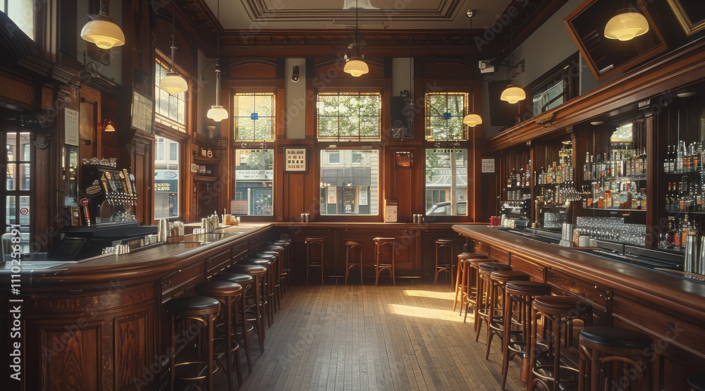 The interior of a large bar during the day. The interior of a large bar during the day.