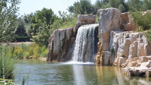 Tranquil waterfall cascading over rocks surrounded by lush greenery in a serene garden setting