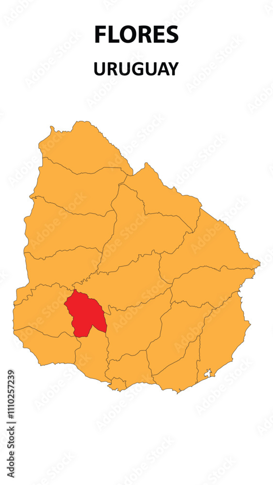 Flores Map is highlighted on the Uruguay map with detailed state and region outlines. Flores Map is highlighted on the Uruguay map with detailed state and region outlines.