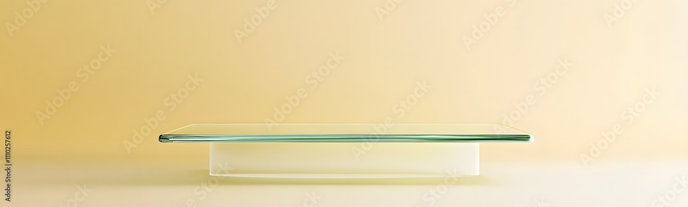 Fototapeta premium Floating glass podium with clean lines, surrounded by a soft pastel yellow background, offering ample space for product showcasing.