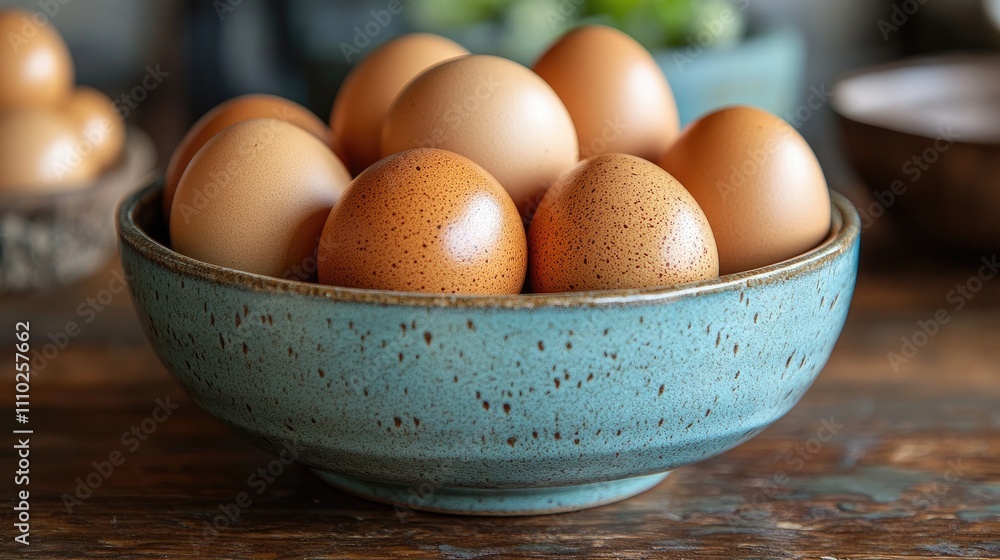 Brown eggs in a rustic blue bowl showcasing spring colors and natural kitchen decor for culinary or lifestyle themes Brown eggs in a rustic blue bowl showcasing spring colors and natural kitchen decor for culinary or lifestyle themes