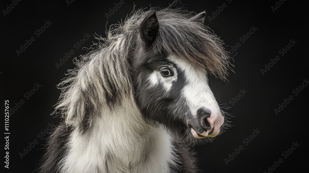 Fototapeta premium Piebald horse portrait on black background capturing unique fur patterns and expressive features in sharp detail.