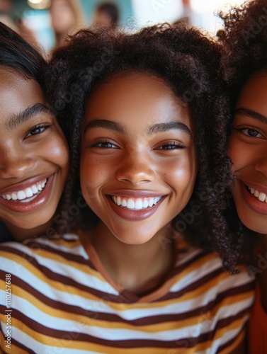 Close up shot of adorable African American woman has broad smile, wears striped t shirt, being in good mood, rests in cafeteria with best friends. Smiling dark skinned young female poses indoor