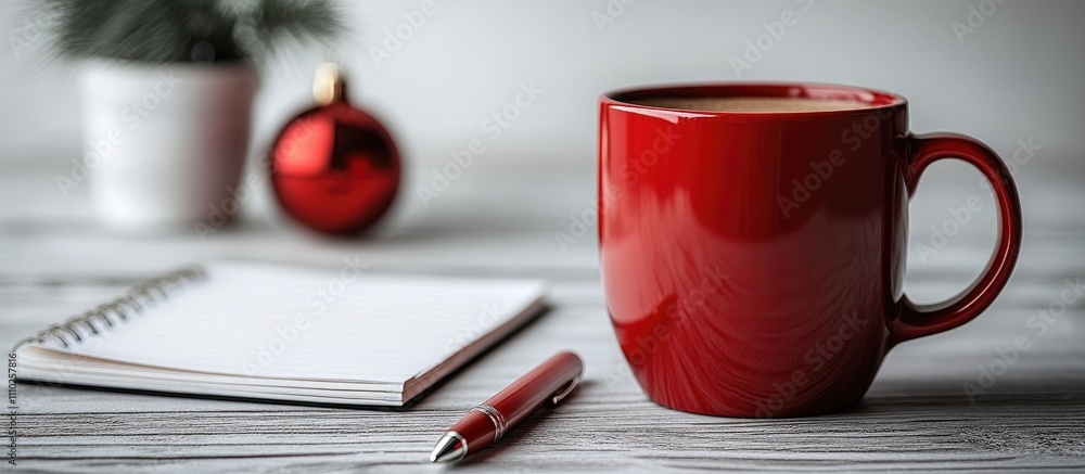 © DigitalDruid - Christmas planning scene with a red mug pen and blank notepad on a wooden table with holiday decorations in the background. © DigitalDruid - Christmas planning scene with a red mug pen and blank notepad on a wooden table with holiday decorations in the background.