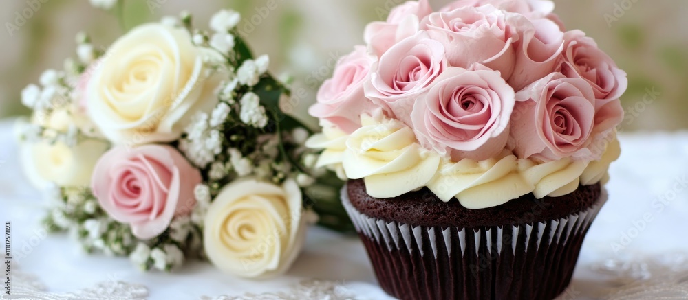 Elegant wedding bouquet paired with a decorated cupcake featuring a floral design, ideal for wedding celebrations and desserts. Elegant wedding bouquet paired with a decorated cupcake featuring a floral design, ideal for wedding celebrations and desserts.