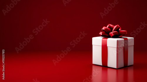 Elegant white gift box with red ribbon on a vibrant red background.