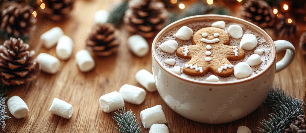 Gingerbread man cookie on hot chocolate topped with marshmallows surrounded by pinecones and festive decorations on a wooden background Gingerbread man cookie on hot chocolate topped with marshmallows surrounded by pinecones and festive decorations on a wooden background