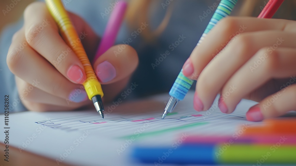 Close-up of hands drawing with colorful pens on paper. Close-up of hands drawing with colorful pens on paper.