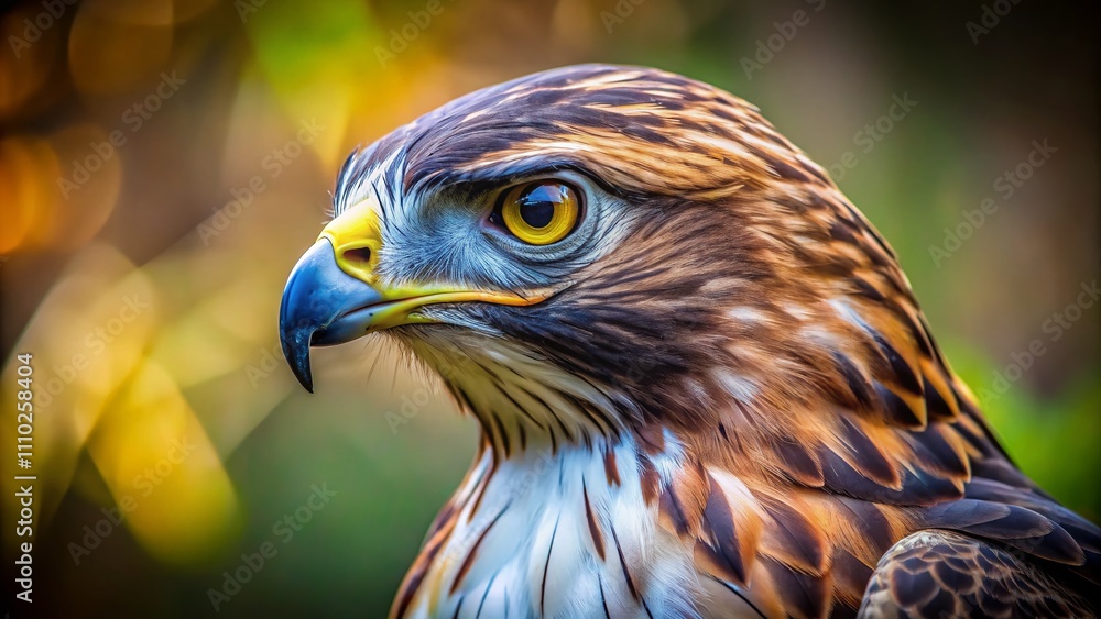 Fototapeta premium Close-Up of a Majestic Hawk in Profile Against a Softly Blurred Background, Highlighting Its Sharp Features and Intense Gaze, Perfect for Wildlife Photography Lovers and Enthusiasts