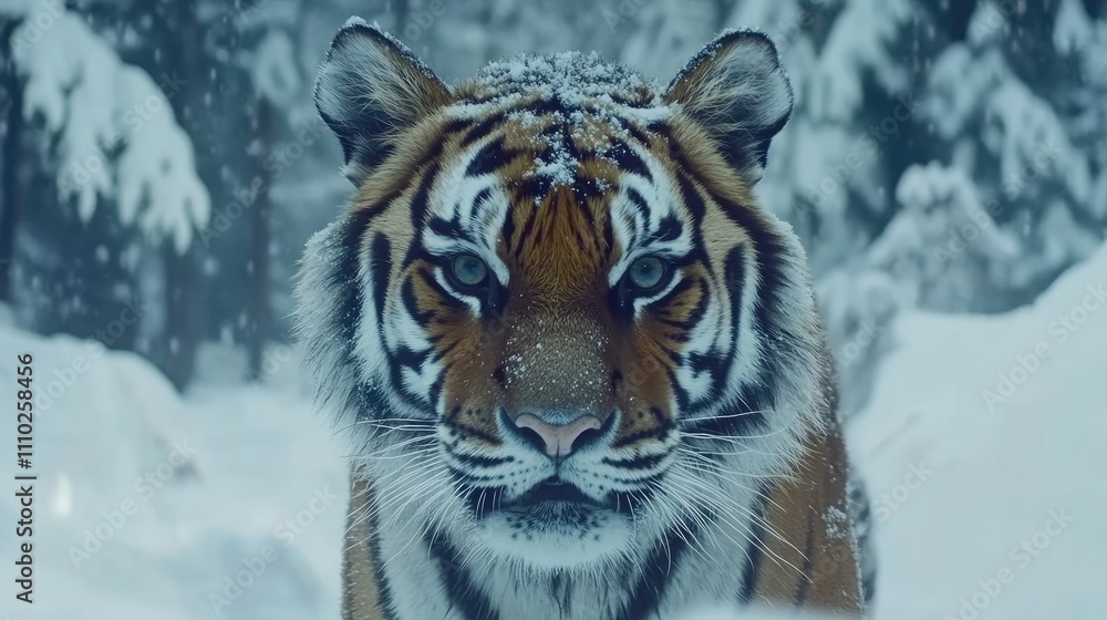 Majestic close-up of a tiger staring intensely in a snowy forest setting showcasing its striking features and powerful presence Majestic close-up of a tiger staring intensely in a snowy forest setting showcasing its striking features and powerful presence