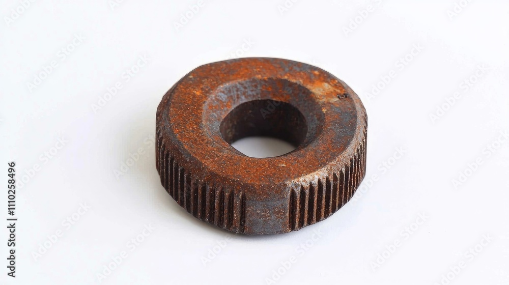 Rusty tee nut for wall climbing with an oval shape featuring a blurred white background highlighting its aged condition. Rusty tee nut for wall climbing with an oval shape featuring a blurred white background highlighting its aged condition.