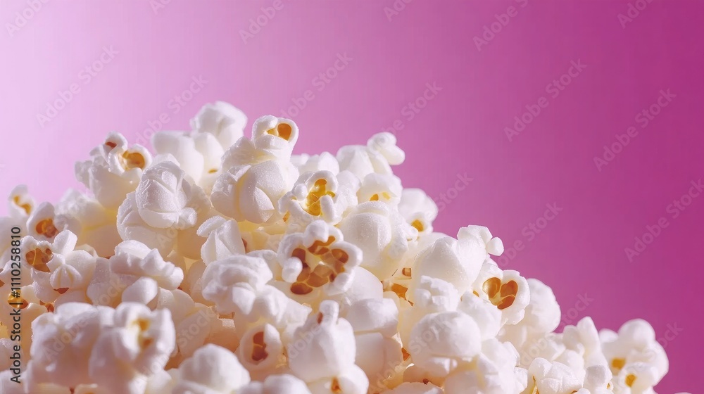Freshly popped popcorn against a vibrant pink background showcasing texture and detail perfect for snack-themed designs and advertisements. Freshly popped popcorn against a vibrant pink background showcasing texture and detail perfect for snack-themed designs and advertisements.
