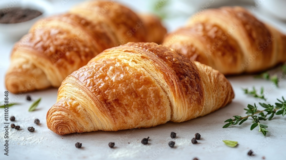 Freshly baked golden croissants with flaky layers served on a light textured surface adorned with spices and herbs. Freshly baked golden croissants with flaky layers served on a light textured surface adorned with spices and herbs.