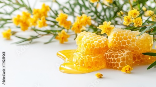 122.A vibrant close-up of fresh honeycombs oozing with golden honey, surrounded by a bouquet of blooming acacia flowers. The detailed texture of the honeycomb and the soft, graceful petals of the
