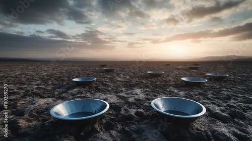 An evocative representation of hunger with barren fields and empty bowls, symbolizing the global food crisis, minimalist composition photo